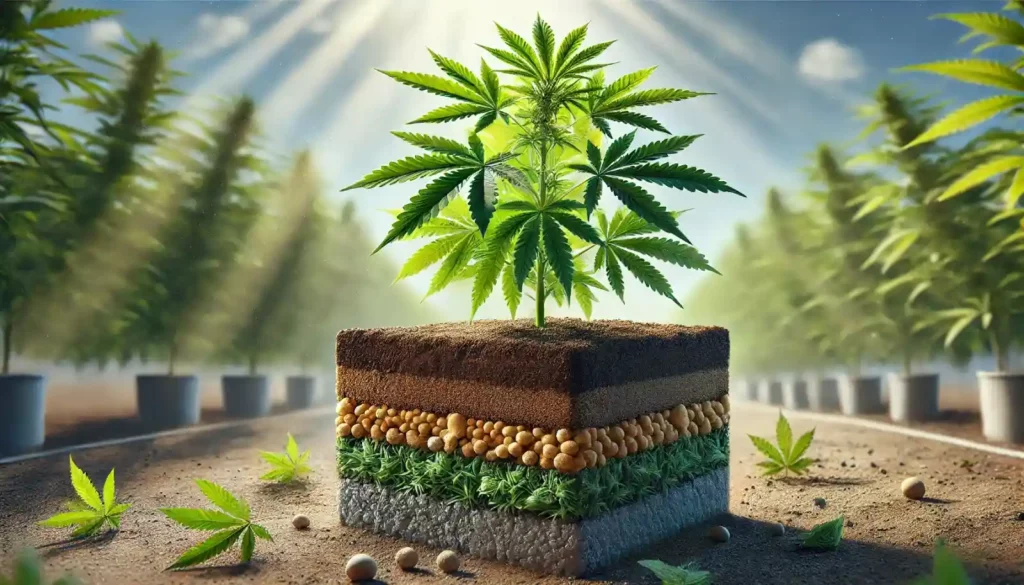 Cannabis plant growing in a layered soil block, showcasing nutrient-rich layers and sunlight in a neatly arranged outdoor field.
