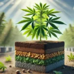 Cannabis plant growing in a layered soil block, showcasing nutrient-rich layers and sunlight in a neatly arranged outdoor field.