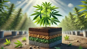 Cannabis plant growing in a layered soil block, showcasing nutrient-rich layers and sunlight in a neatly arranged outdoor field.
