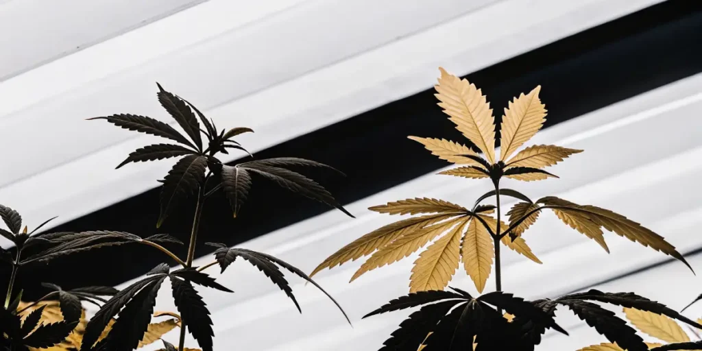 close-up of black and yellow cannabis leaves under white grow lights in an indoor cultivation room