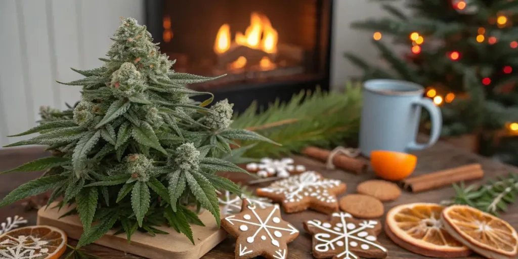 Cannabis plant as a Christmas centerpiece with holiday cookies and Christmas tree lights
