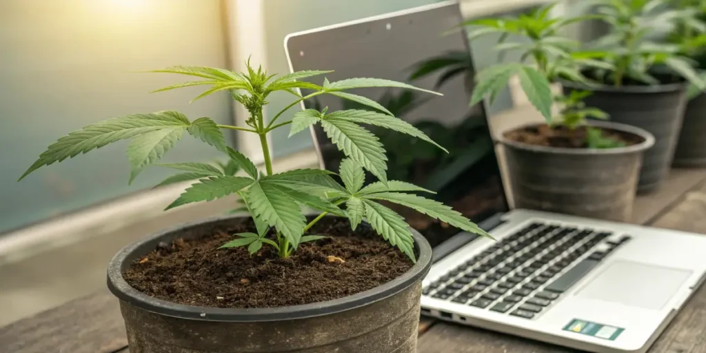 Young cannabis plant in a pot beside a laptop in a grow room