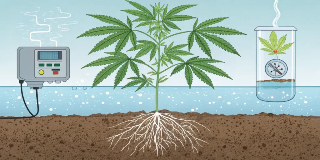 Illustrated cannabis plant showing root system, water levels, and humidity control devices