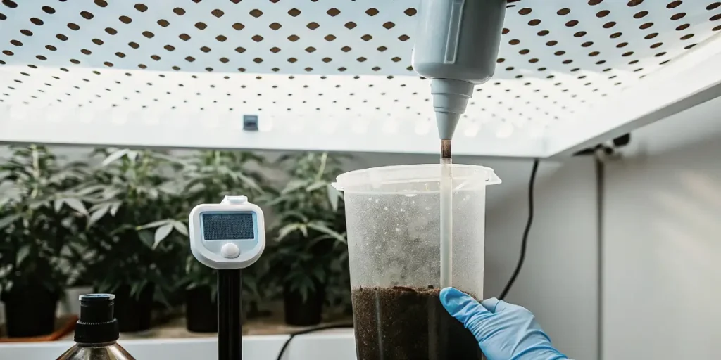 Hand in gloves performing soil analysis for cannabis cultivation with scientific instruments