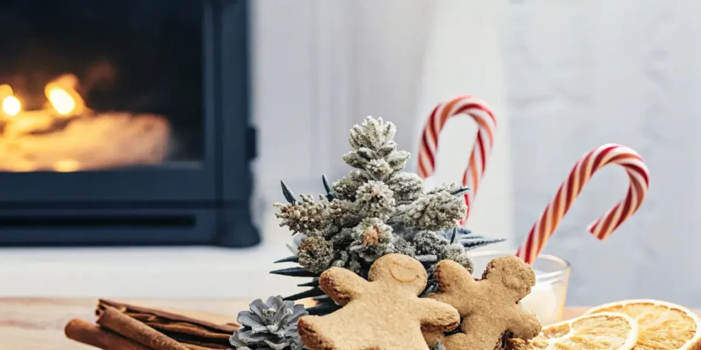 Christmas cannabis cookies and candy canes with festive holiday decorations by the fireplace