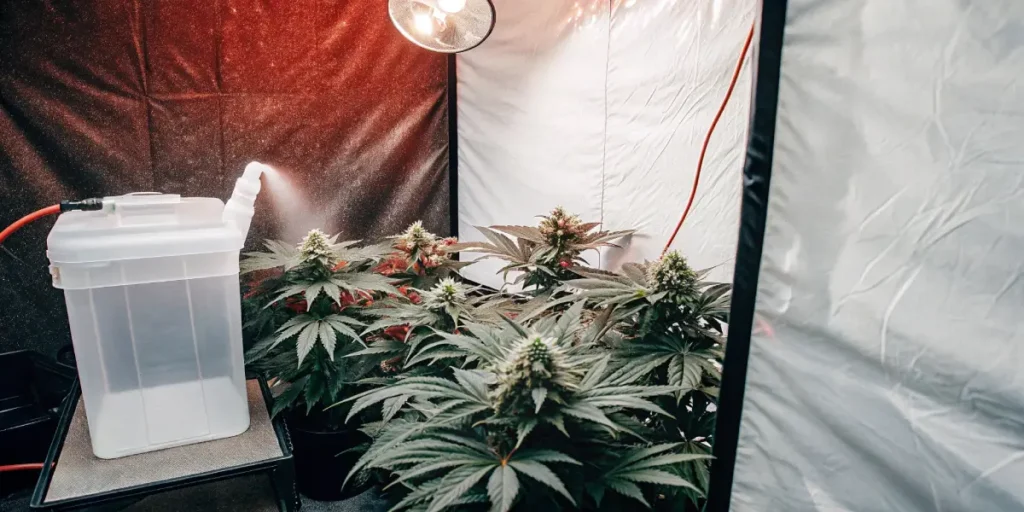 indoor cannabis grow room with warm lighting and blue irrigation system