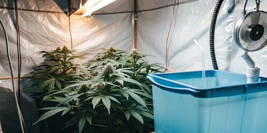 indoor cannabis grow room with automatic misting system