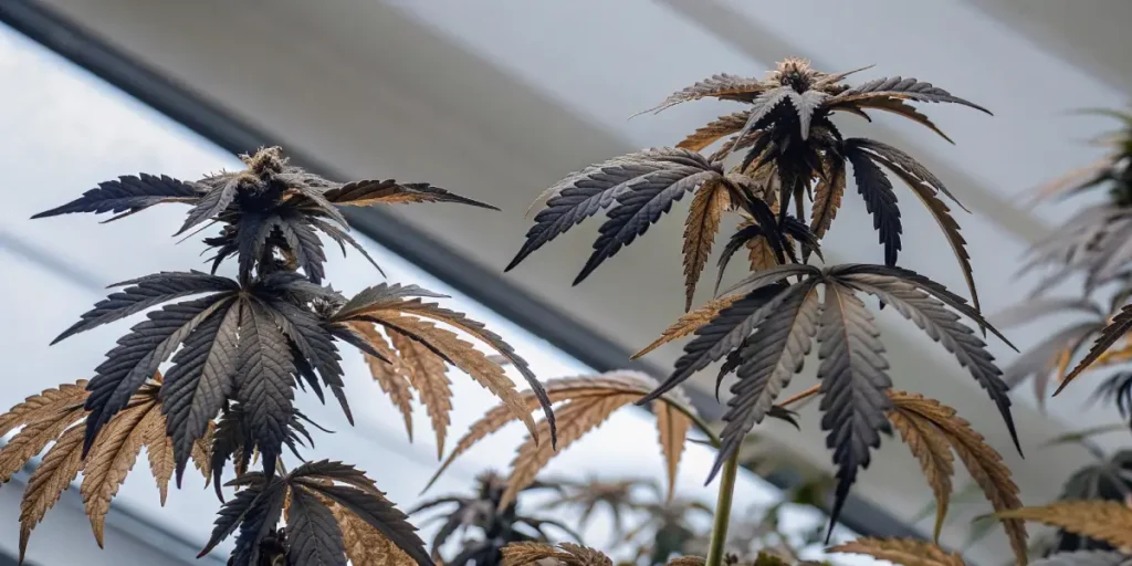 detailed view of dark cannabis leaves with brown edges under LED grow lights in a professional indoor grow room