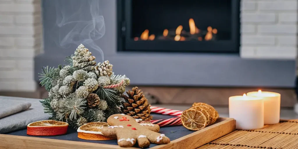 Festive cannabis holiday table with gingerbread cookies, candles, pine cones, and Christmas decorations