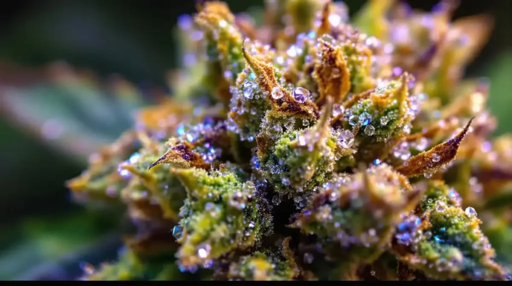 Cannabis bud covered in sparkling THCA crystals and resin under macro lens.
