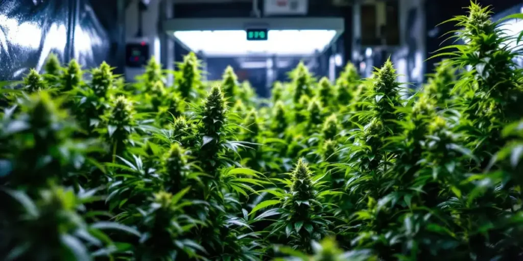Healthy cannabis plants thriving indoors under artificial lighting