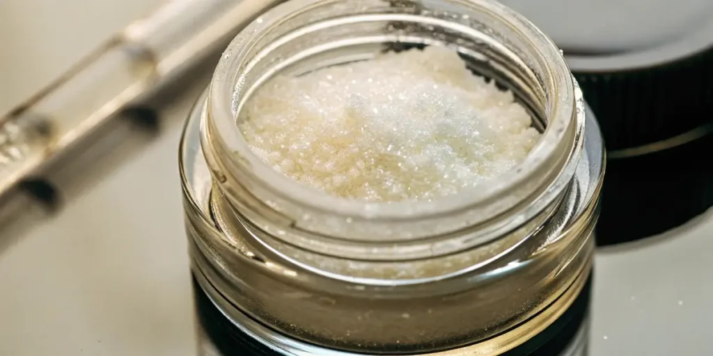 THCA isolate in a transparent jar with lab tools in the background.