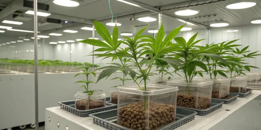 Cannabis clones growing in transparent containers filled with clay pebbles in a sterile, high-tech lab.