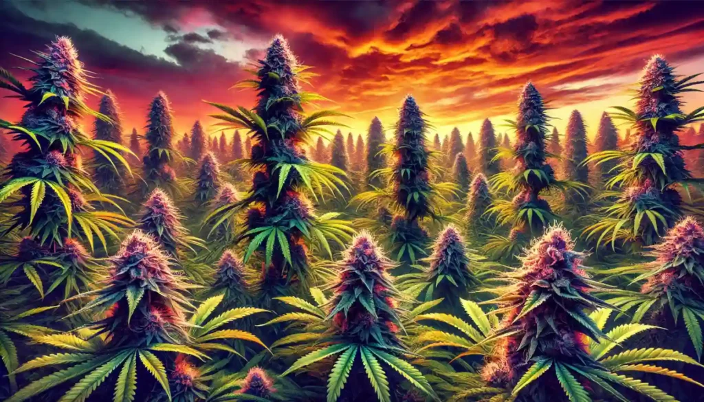 Sunset-lit cannabis field featuring dense autoflower plants with vibrant green and purple buds under dramatic orange skies, que question is how big do autoflowers get