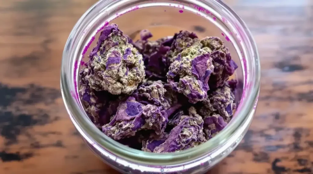 Close-up of deep purple cannabis buds in a glass jar.