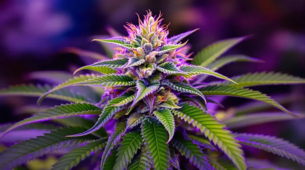 Purple cannabis plant with ice water buds under grow lights.