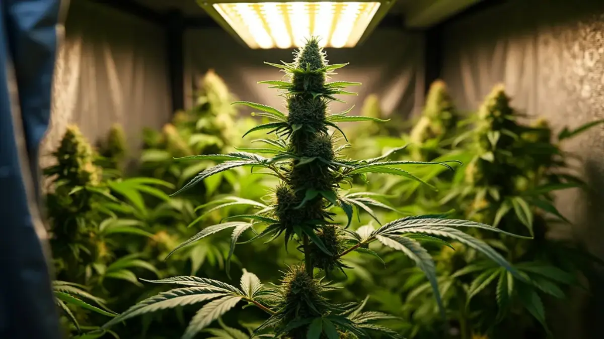 Indoor cannabis cultivation in a grow tent with LED lighting