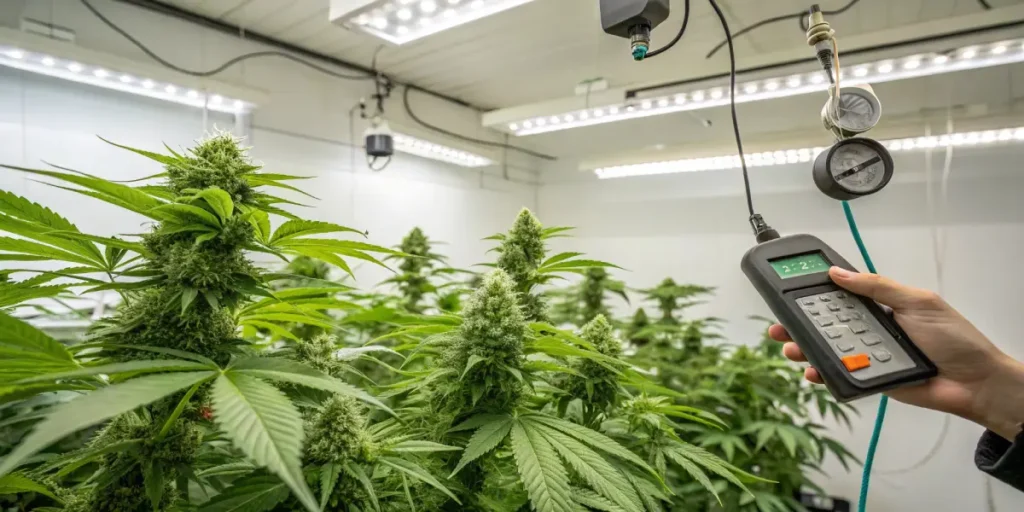 Indoor cannabis plants under LED lights with a hand holding a digital monitoring device