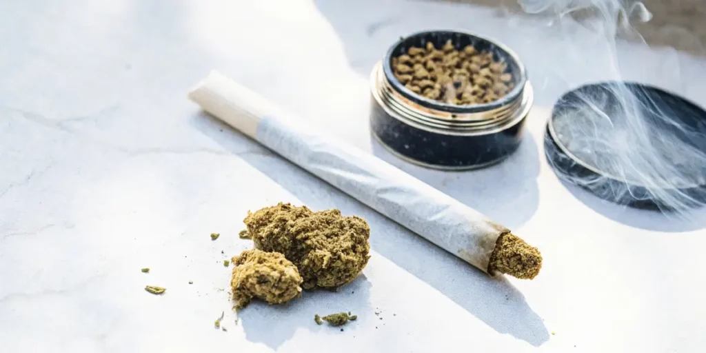 Cannabis kief and joint on a table next to an open grinder with smoke.