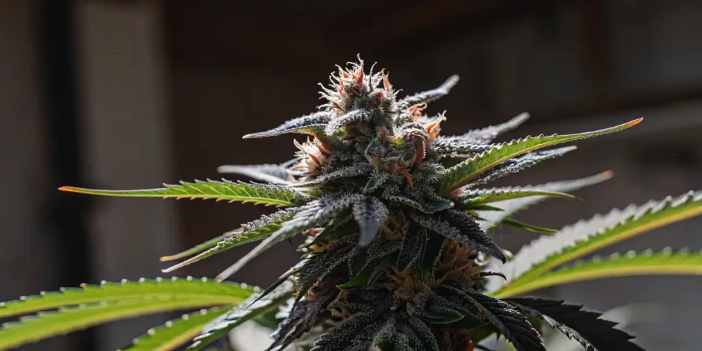 Macro shot of a sparkling cannabis bud showcasing frosty trichomes and orange hairs