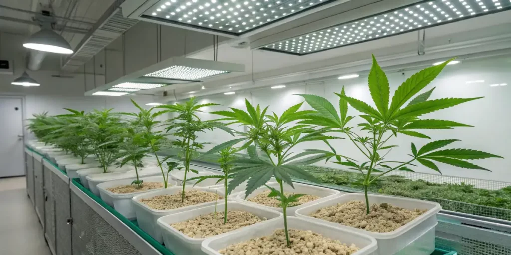 Modern hydroponic cannabis cultivation facility with LED panels and rows of healthy plants in rectangular pots.
