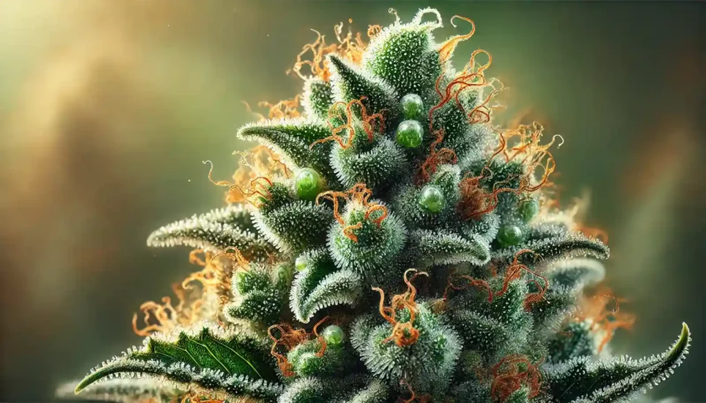 Close-up of frosty over ripe buds with amber trichomes and vibrant orange pistils, showcasing signs of over-ripeness under warm light