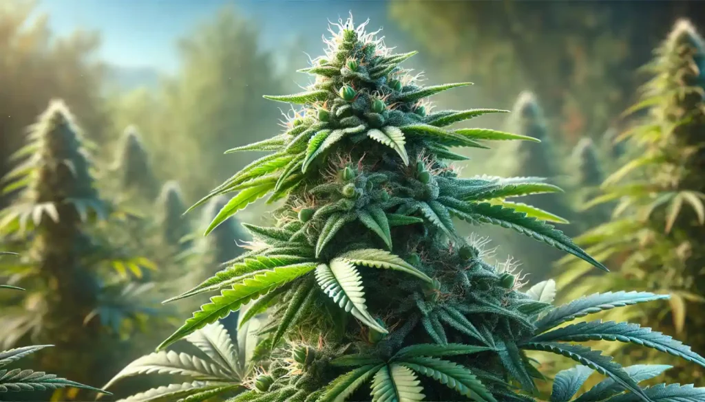 Vivid not pgr weed plant with tightly packed buds, glistening trichomes, and lush green foliage, set in a natural field under soft sunlight