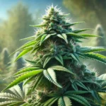 Vivid not pgr weed plant with tightly packed buds, glistening trichomes, and lush green foliage, set in a natural field under soft sunlight