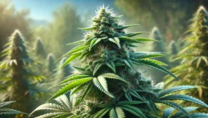 Vivid not pgr weed plant with tightly packed buds, glistening trichomes, and lush green foliage, set in a natural field under soft sunlight