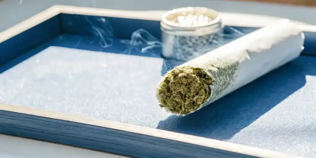 Close-up of a cannabis joint filled with ground weed resting on a blue tray.