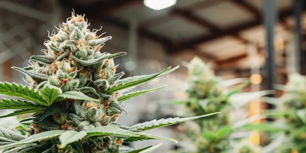 close-up of a premium THCP cannabis bud with frosty trichomes in a professional indoor grow room