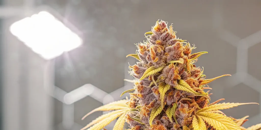 close-up of premium THCP cannabis flower with purple and orange hues under grow lights