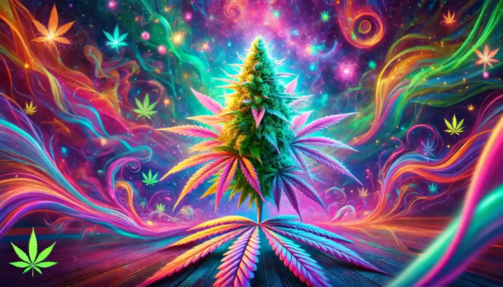 Vibrant psychedelic cannabis strains with colorful leaves and a swirling psychedelic background of vivid pink, green, and purple hue
