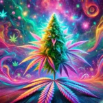 Vibrant psychedelic cannabis strains with colorful leaves and a swirling psychedelic background of vivid pink, green, and purple hue