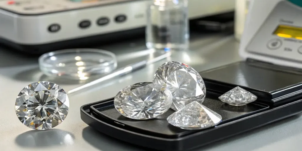 Close-up view of pure THCA diamonds displayed on a scale in a professional lab setting