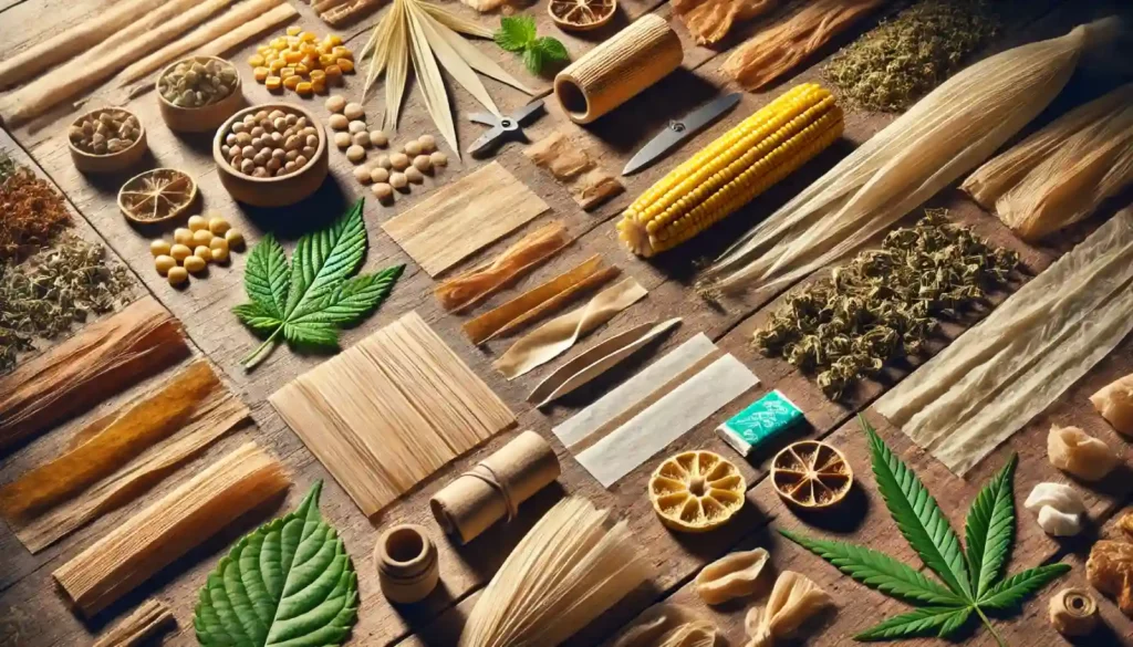 Rolling Paper Alternatives, such as corn husks, dried herbs, and natural fibers, displayed alongside cannabis leaves on a wooden surface