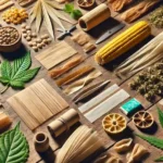Rolling Paper Alternatives, such as corn husks, dried herbs, and natural fibers, displayed alongside cannabis leaves on a wooden surface