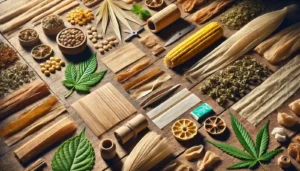 Rolling Paper Alternatives, such as corn husks, dried herbs, and natural fibers, displayed alongside cannabis leaves on a wooden surface