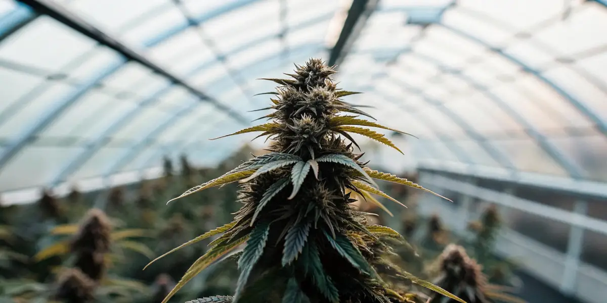 Super Boof cannabis strain growing tall inside a modern greenhouse with a curved glass roof.
