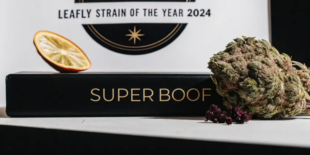 Super Boof cannabis bud beside lemon slice and Leafly 2024 award badge on white surface.