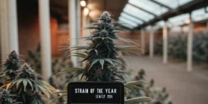 Super Boof cannabis plant with a sign reading “Strain of the Year Leafly 2024” in indoor facility.