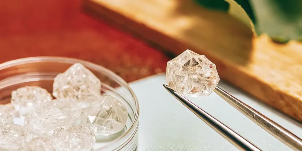 Close-up of THC diamond crystals in a laboratory tray with tweezers