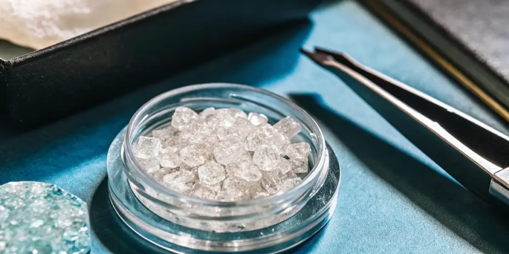 Close-up of THC diamond crystals in a clear glass jar with lab tools