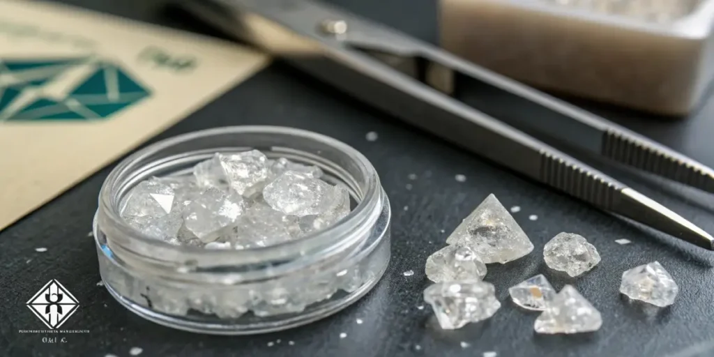 THC diamond crystals in a glass jar on a laboratory table with tweezers