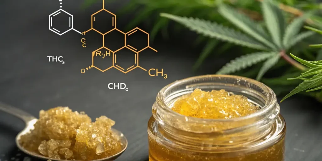 THC live resin cannabis extract with molecule diagram