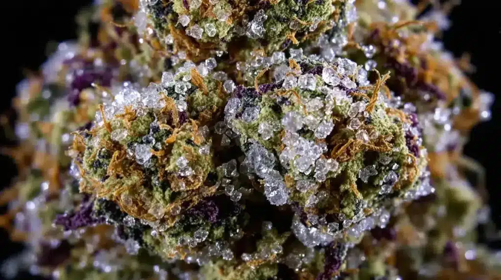Macro view of cannabis buds coated with THCA crystals, orange hairs, and purple highlights.
