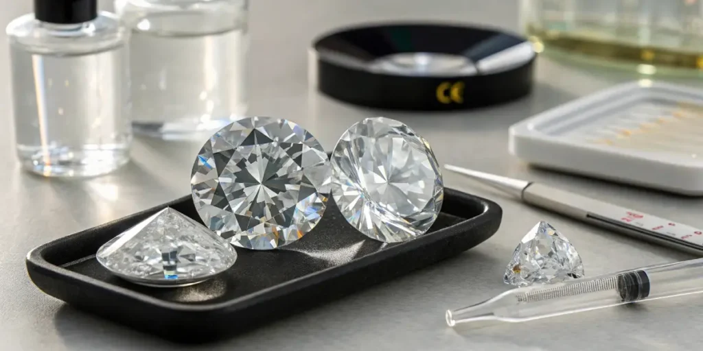 THCA diamonds placed on a black tray with lab tools and glass containers in a testing environment