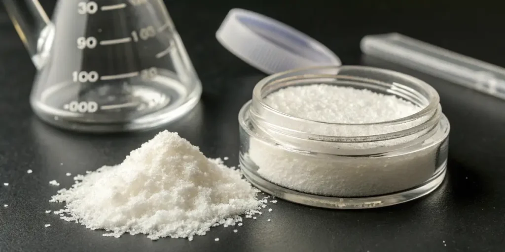 THCA isolate powder jar with a laboratory beaker and pipette.