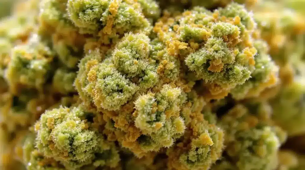 Close-up of THCA sand-covered cannabis bud with visible trichomes