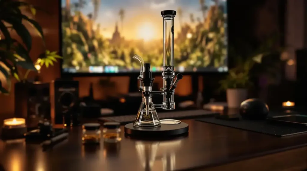 Modern dab rig setup with THCA sand concentrate jars on desktop